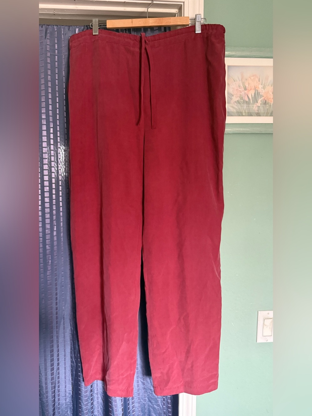 Vintage CLIO 100% Silk Dusty Wine Burgundy Drawstring Pants L Tall 32 Inseam